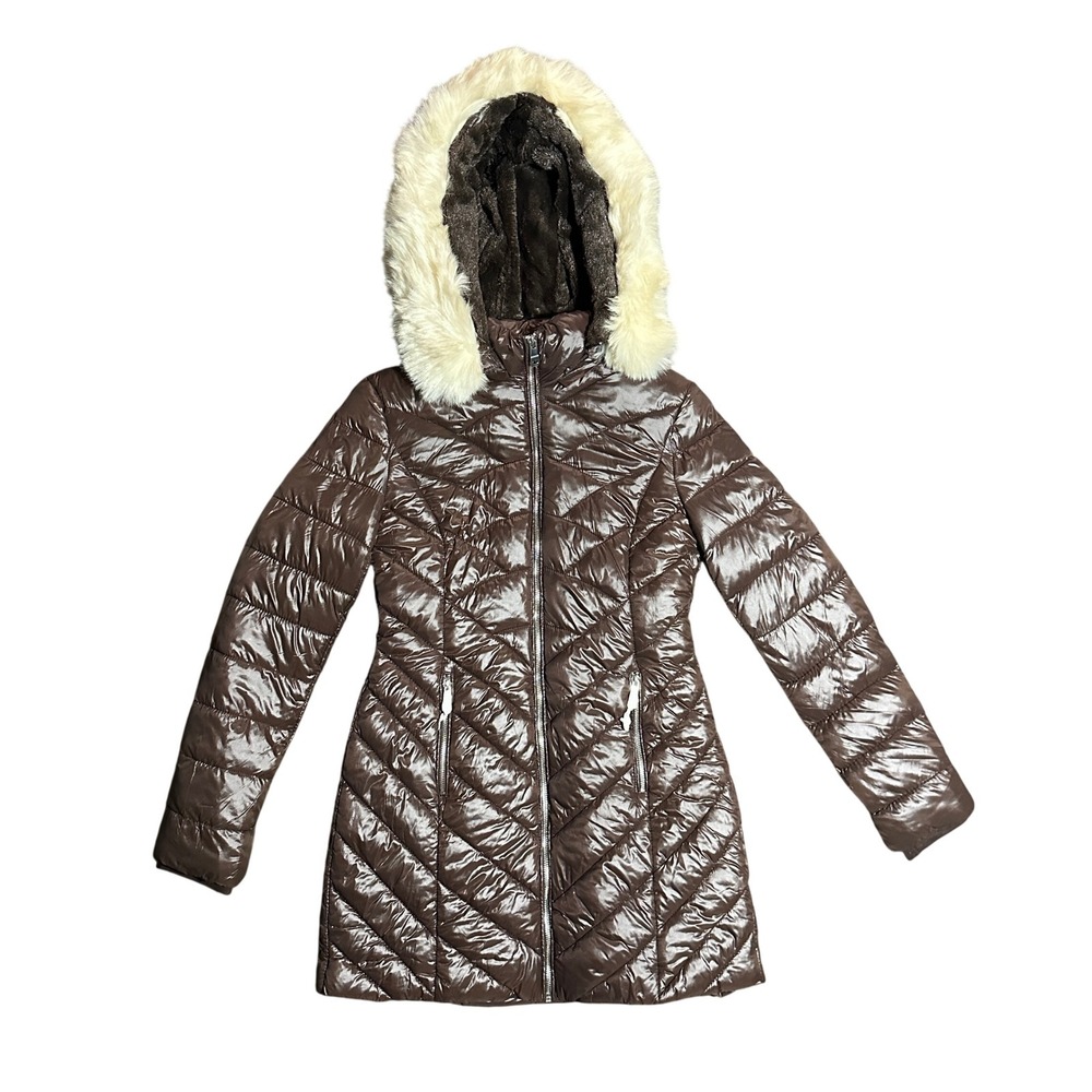 Fashion Nova Womens Brown Puffer Jacket Removable Faux Fur Hood Quilted Coat S